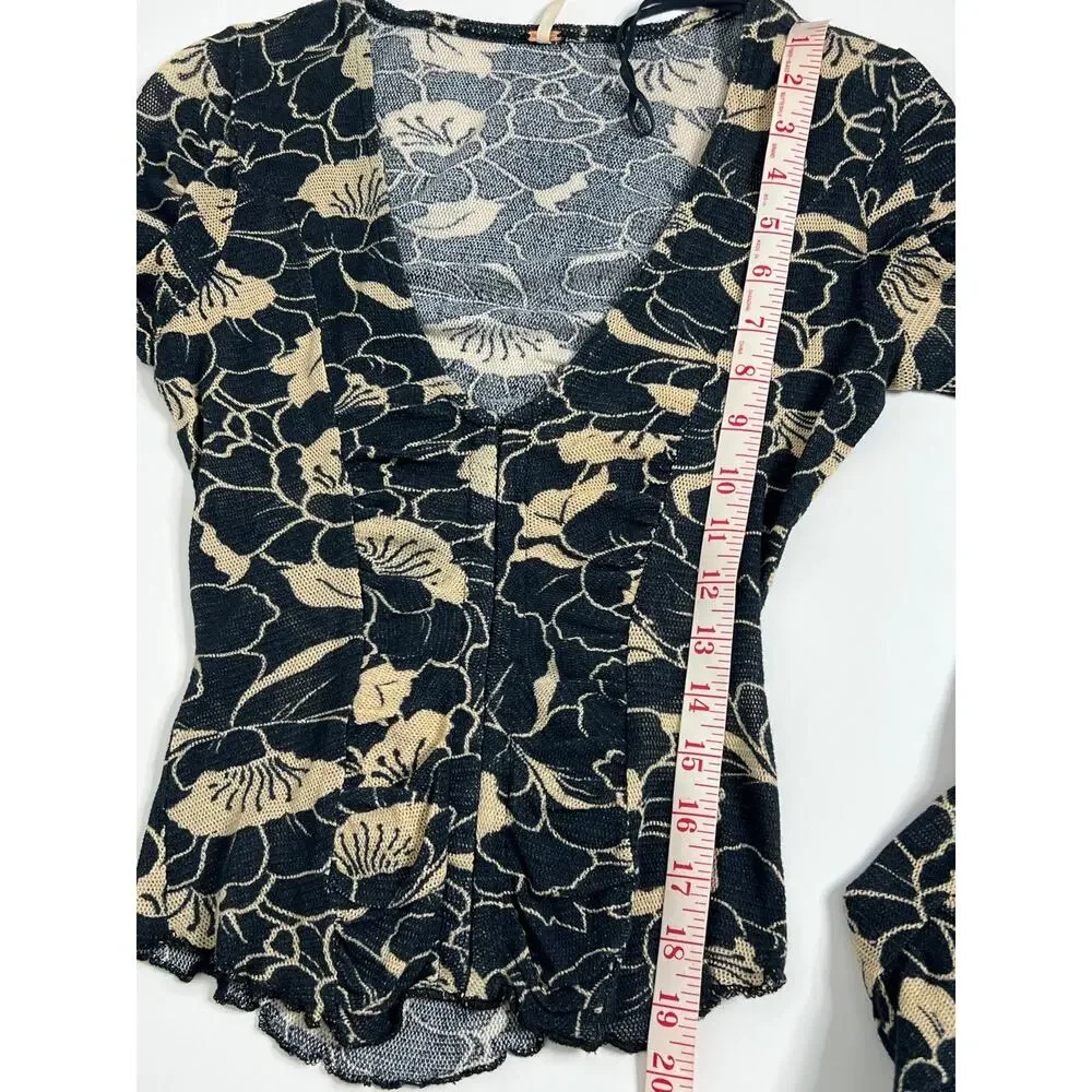 Free People Through The Meadow Black Floral Ruched Long Sleeve Mesh Knit Top XS
